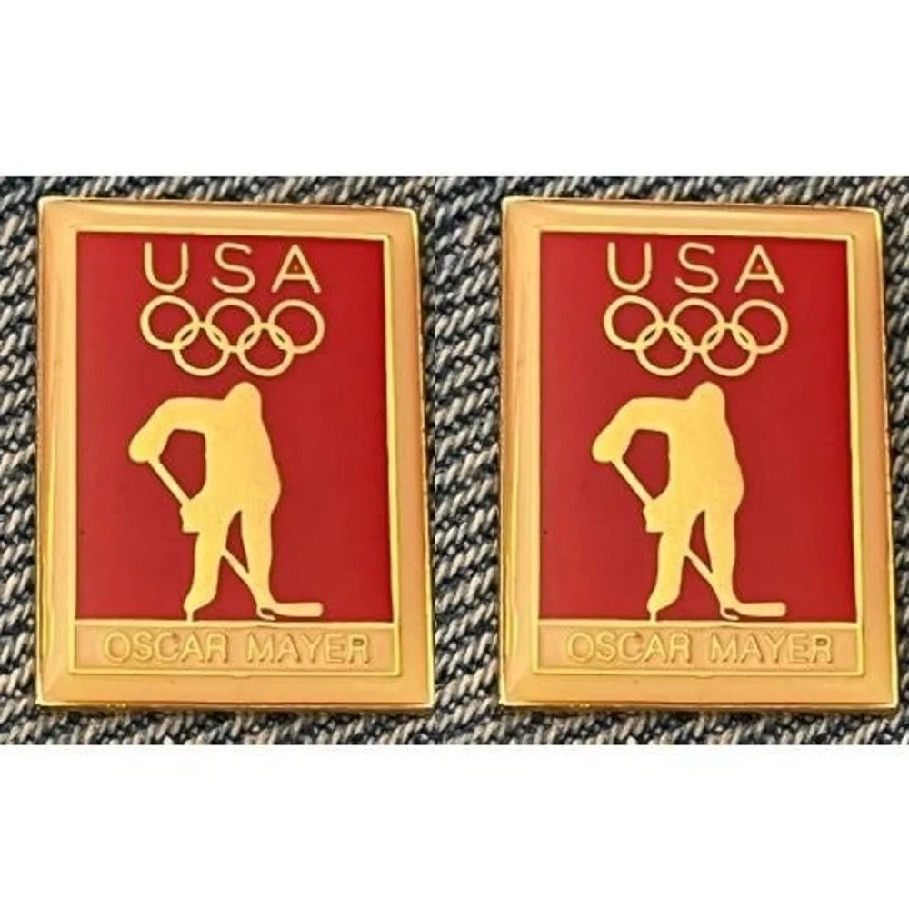2 Olympic Ice Hockey Pins ~ 1992 Albertville ~ USA Team Sponsor ~ Oscar Mayer